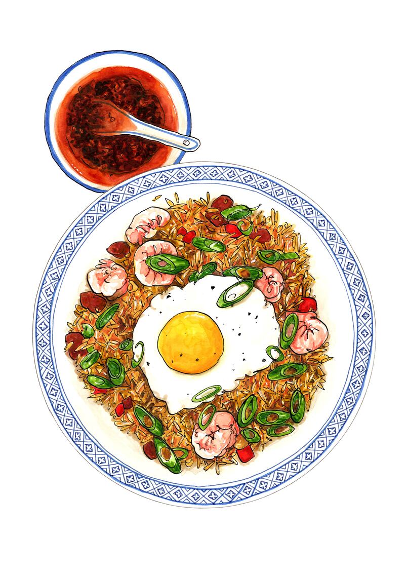 Prawn and chorizo fried rice. Illustration: Nicky Hooper