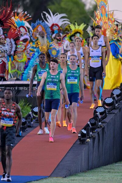 Ireland's mixed 4x400m team of Rhasidat Adeleke, Cillín Greene, Sharlene Mawdsley and Thomas Barr get ready for their heat. Photograph: Warren Grant/Inpho
