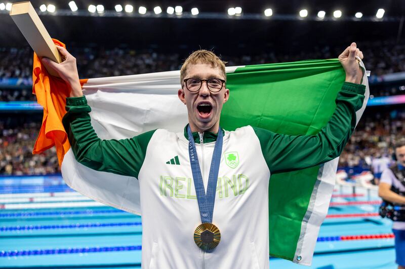 Ireland’s Daniel Wiffen celebrates with his gold medal. Photograph: Morgan Treacy/Inpho