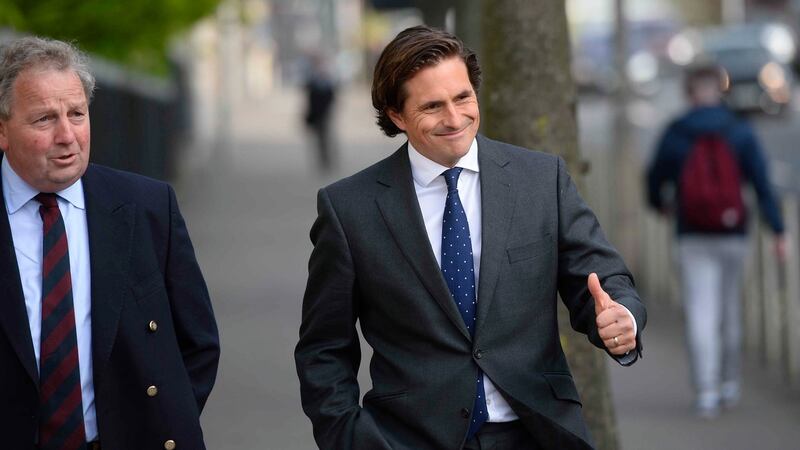 Veterans commissioner for Northern Ireland Danny Kinahan (left) and former veterans minister Johnny Mercer arrive at Laganside Courts in Belfast.  Photograph: Mark Marlow/PA Wire