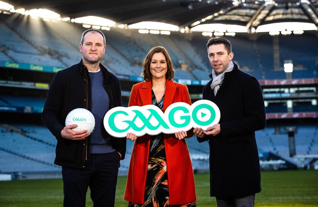 Former Donegal player Michael Murphy, GAAGO presenter Gráinne McElwain and former Kerry player Marc O’Se. Photograph: Ryan Byrne/Inpho