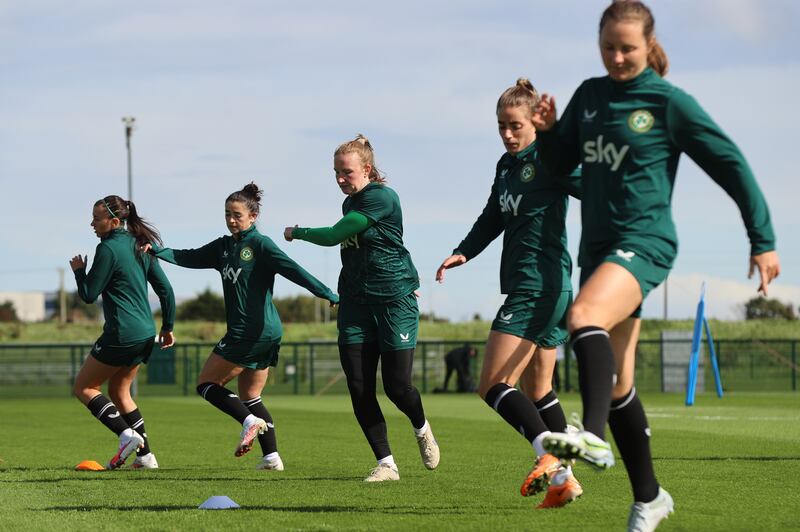 Abbie Larkin, Marissa Sheva and Courtney Brosnan at Ireland squad training. Photograph: Tom Maher/Inpho
