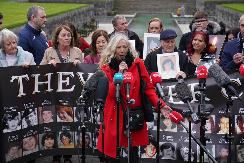 Stardust survivor Antoinette Keegan, who lost her two sisters Mary and Martina, speaking to the media in front of survivors, family members and supporters in the Garden of Remembrance. Photograph: Brian Lawless/PA