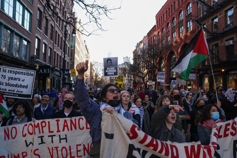 Protesters against the arrest of Mahmoud Khalil in Manhattan on Monday. Photograph: Caitlin Ochs/New York Times
                      