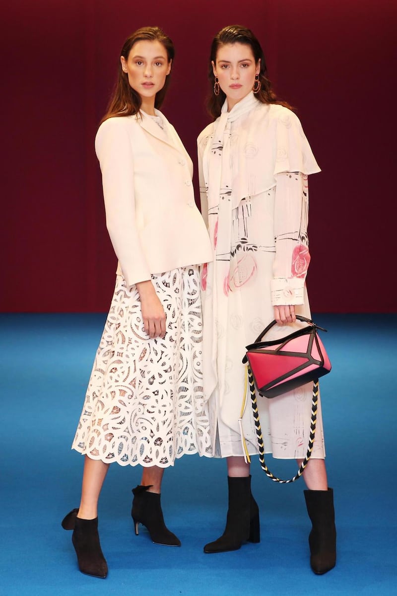 Brown Thomas S/S 2019: Paula Pancer wears Dior cream blazer € 2,980 & skirt € 5,480 and Louise Byrne wears Loewe roses shirt dress € 1,500. Photograph: Leon Farrell/Photocall Ireland