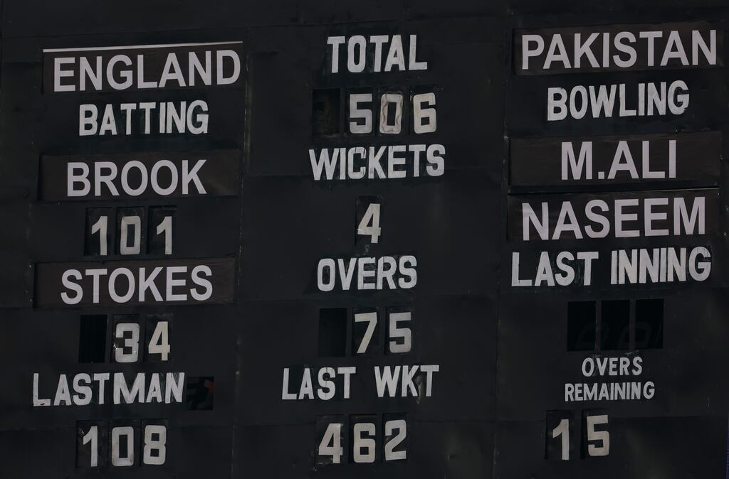The scoreboard displays England's total of 506 for four at stumps on the first day of the first Test against Pakistan at Rawalpindi Cricket Stadium, a new record for the first day of a Test match. Photograph: Matthew Lewis/Getty Images