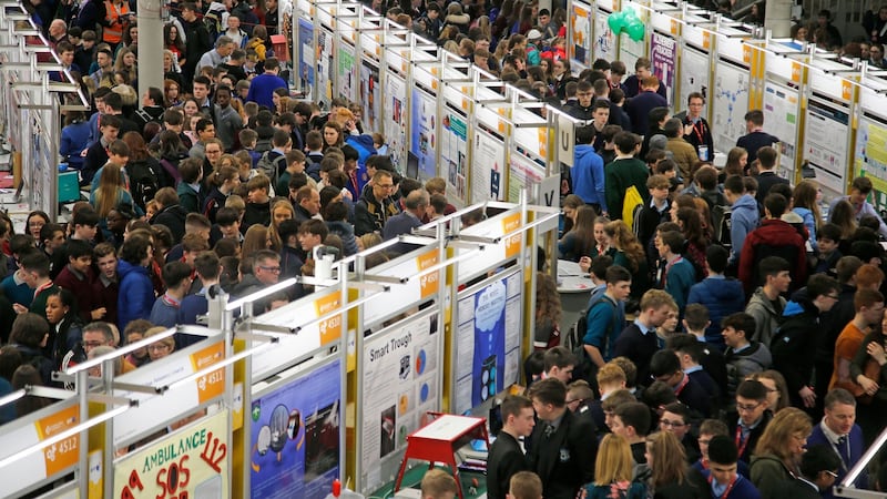 Crowds gathered in the RDS today to view the projects at BT Young Scientist & Technologist of the Year. Photograph: Nick Bradshaw