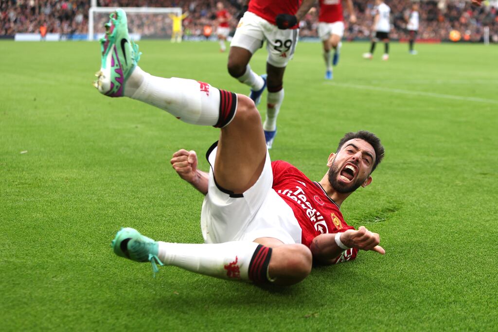Manchester United's Bruno Fernandes celebrates scoring the winner against Fulham. Photograph: Kieran Cleeves/PA Wire