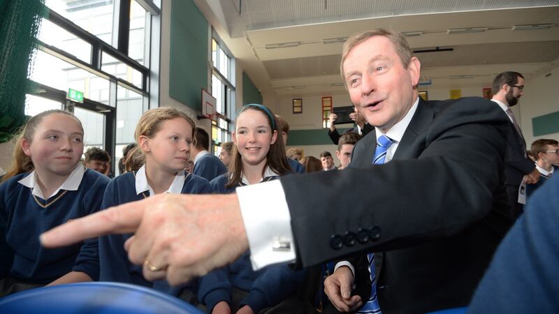Taoiseach Enda Kenny with students from Temple Carrig School, Greystones after the official opening today.Photograph: Cyril Byrne/The Irish Times