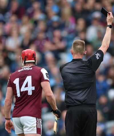 Galway's Conor Whelan is shown a black card by referee Michael Kennedy during the Leinster final against Dublin. Photograph: James Crombie/Inpho