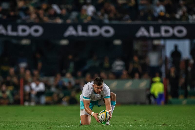 Handre Pollard lines up a kick for South Africa. Photograph: Phill Magakoe/AFP via Getty Images