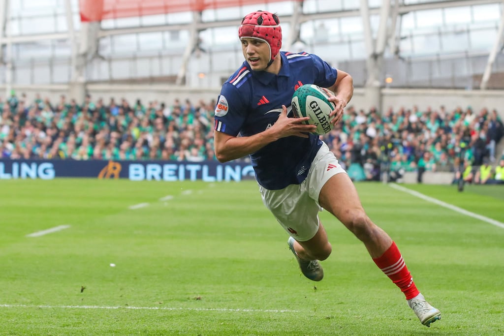 France winger Louis Bielle-Biarrey runs in the opening try against Ireland. Photograph: Paul Faith/AFP via Getty Images