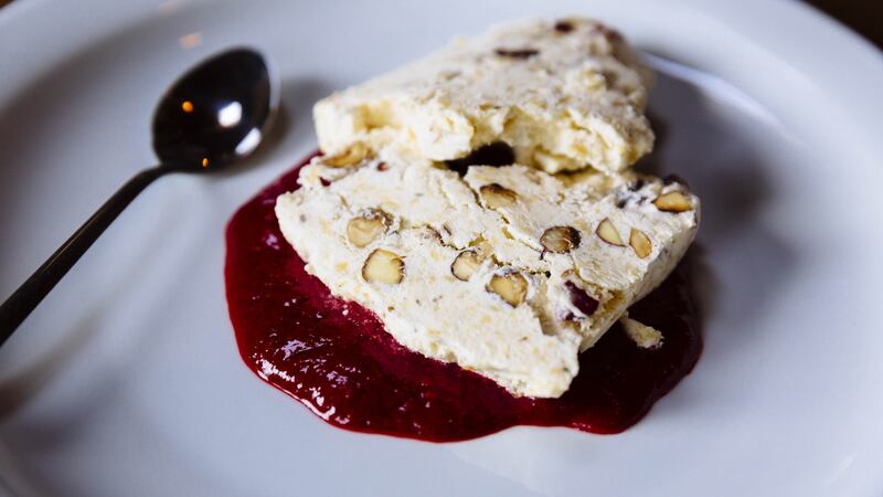 Nougat Glace with raspberry sauce.  Photograph:  Emma Jervis