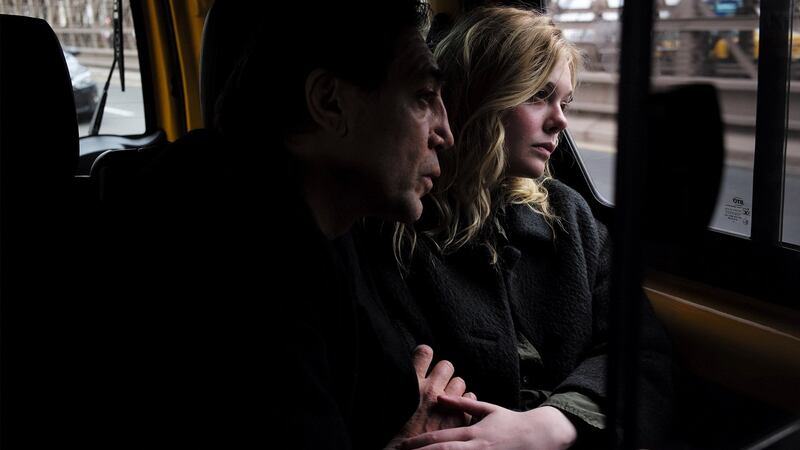 Javier Bardem and Elle Fanning in The Roads Not Taken. Photograph:  Jeong Park / Bleecker Street