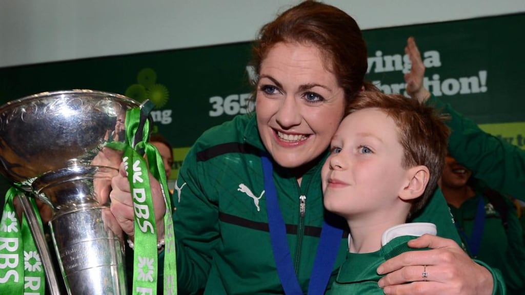 Fiona Coughlan, captain of the triumphant Ireland women’s rugby team, with her nephew Charlie Coughlan.