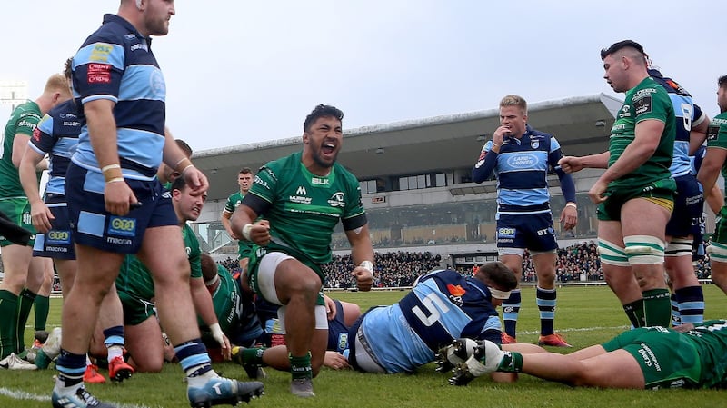 Connacht’s Bundee Aki celebrates after Gavin Thornbury scored their second try during the Guinness Pro 14 game against Cardiff Blues at the  Sportsground. Photograph: James Crombie/Inpho