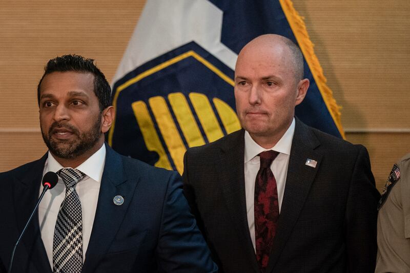 Kash Patel (left), director of the FBI, and governor Spencer Cox of Utah. Photograph: Loren Elliott/New York Times
                      