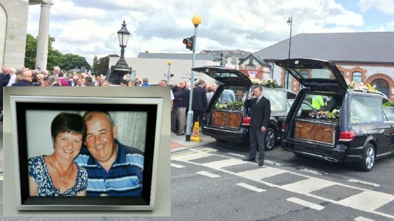 Mourners attend the funeral mass of Martina and Larry Hayes (inset) in Athlone. Photograph: Ronan McGreevy