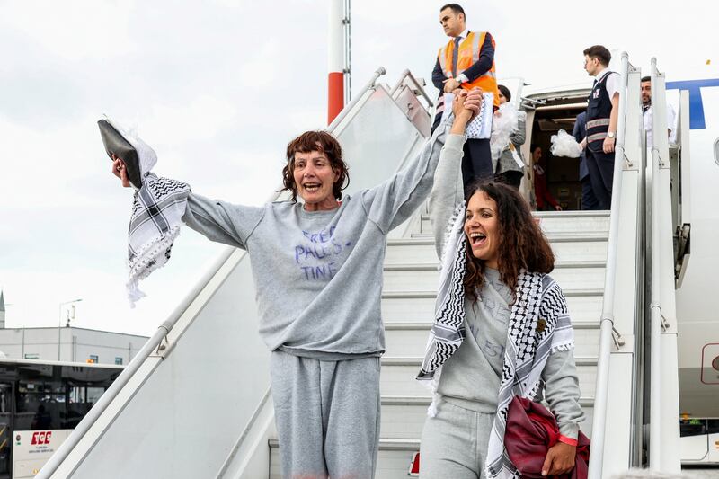 Dr Margaret Connolly (left), sister of President Catherine Connolly and a fellow activist from the Gaza-bound Global Sumud Flotilla, disembark a plane upon arrival at Istanbul Airport, on Thursday. Photograph: Murad Sezer/Reuters