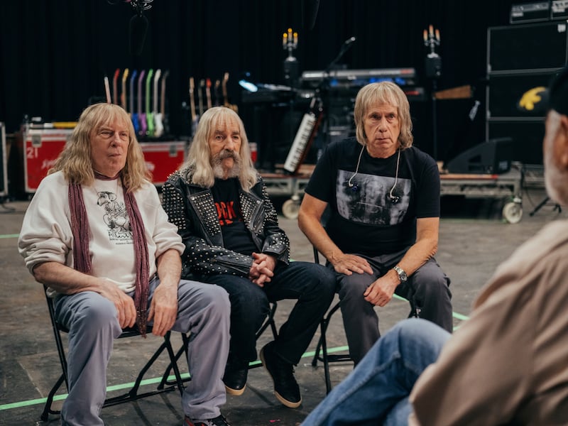 Michael McKean as David St Hubbins, Harry Shearer as Derek Smalls, Christopher Guest as Nigel Tufnel and Rob Reiner as Marty DiBergi in Spinal Tap II: The End Continues. Photograph: Kyle Kaplan/CTMG