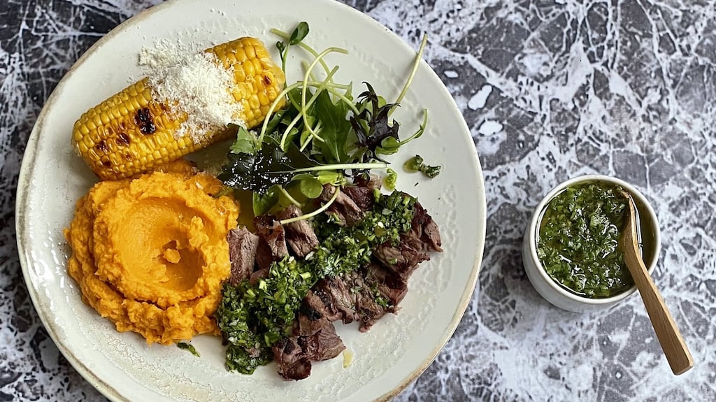 Barbecued steak with chimichurri and sweet potato