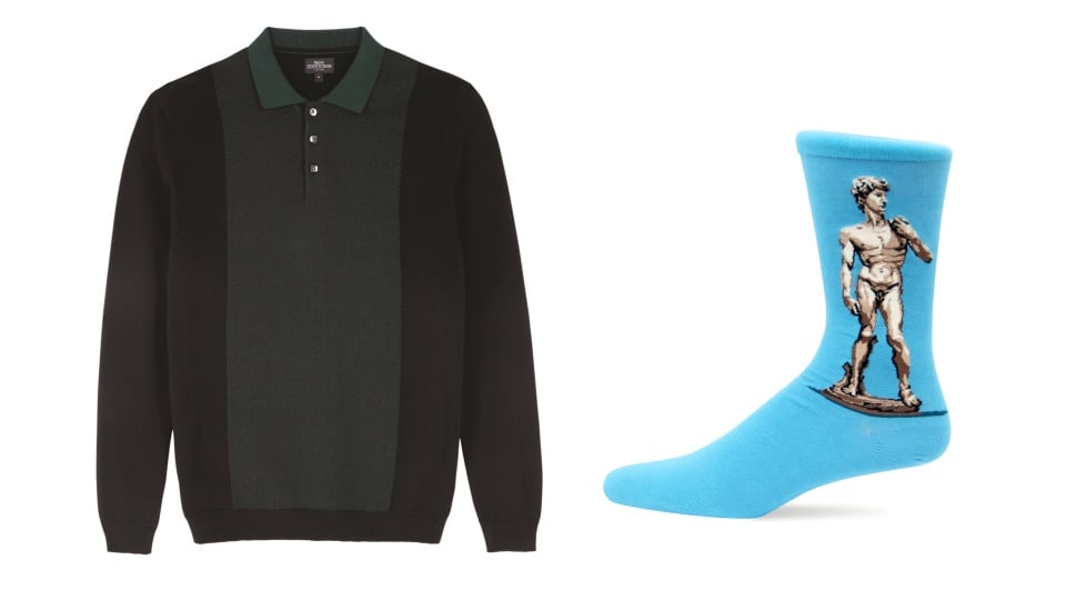 Gifts for men in their thirties: Geo Polo,€42, Next; Michelangelo’s David socks, $12 (approx €9.40), Joy of Socks