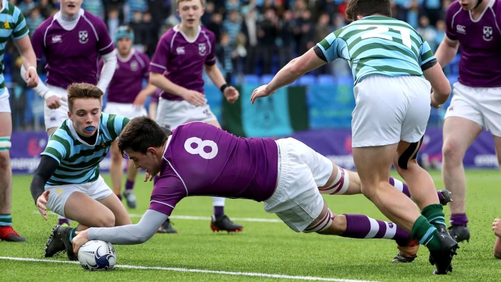 Diarmuid McCormack of Clongowes Wood touches down for a try during the Bank of Ireland Leinster Schools Senior Cup quarter-final in Donnybrook. Photograph: Bryan Keane/Inpho