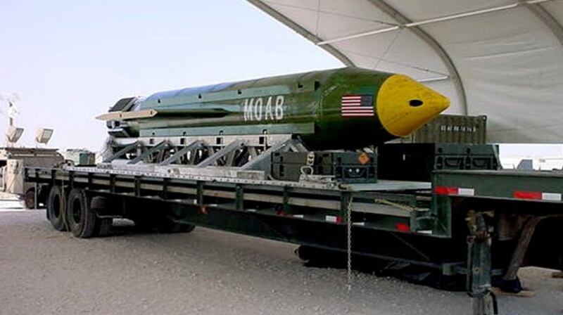 The GBU-43/B Massive Ordnance Air Blast – the largest non-nuclear bomb in the US arsenal  was dropped on Afghanistan in an area with strong links to Islamic State. Photograph: Elgin Air Force Base/Reuters