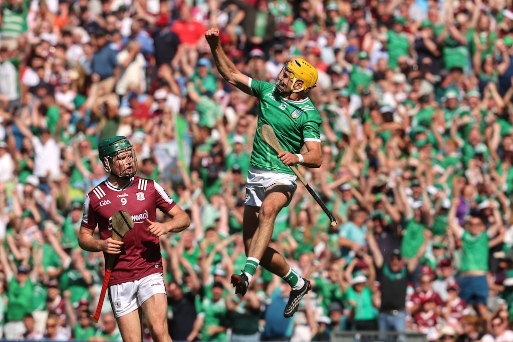 Limerick's Cathal O'Neill celebrates scoring a goal during the All-Ireland final against Galway. Photograph: Bryan Keane/Inpho