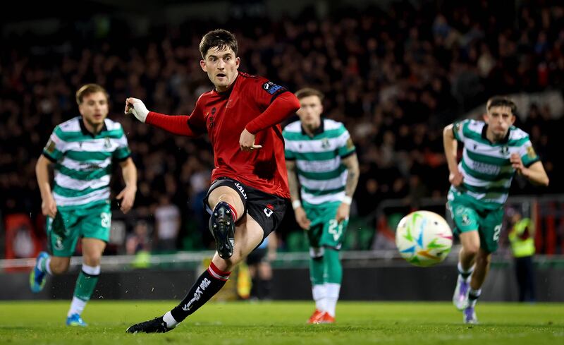 Bohemians’ Colm Whelan scores his side’s first goal with a penalty. Photograph: Ryan Byrne/Inpho