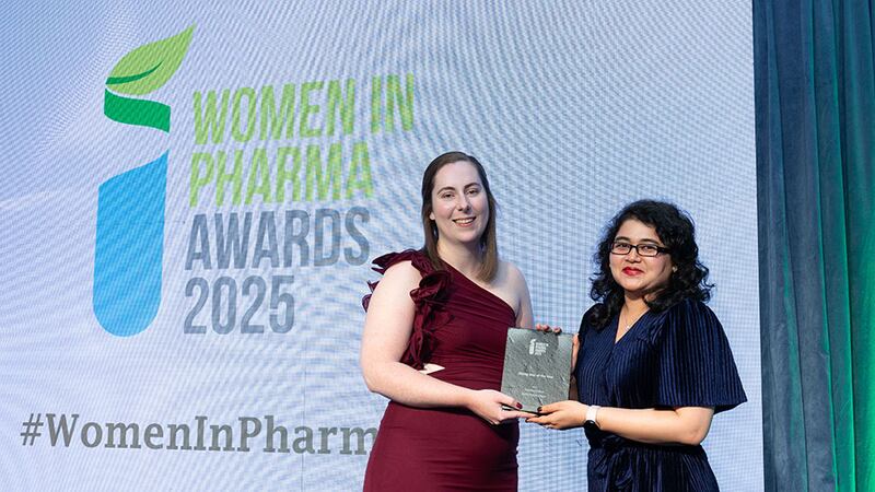 Roisin Moynihan, QC coordinator at SGS Pharma, presents the rising star of the year award to Neha Prabhudesai, Arriello Ireland