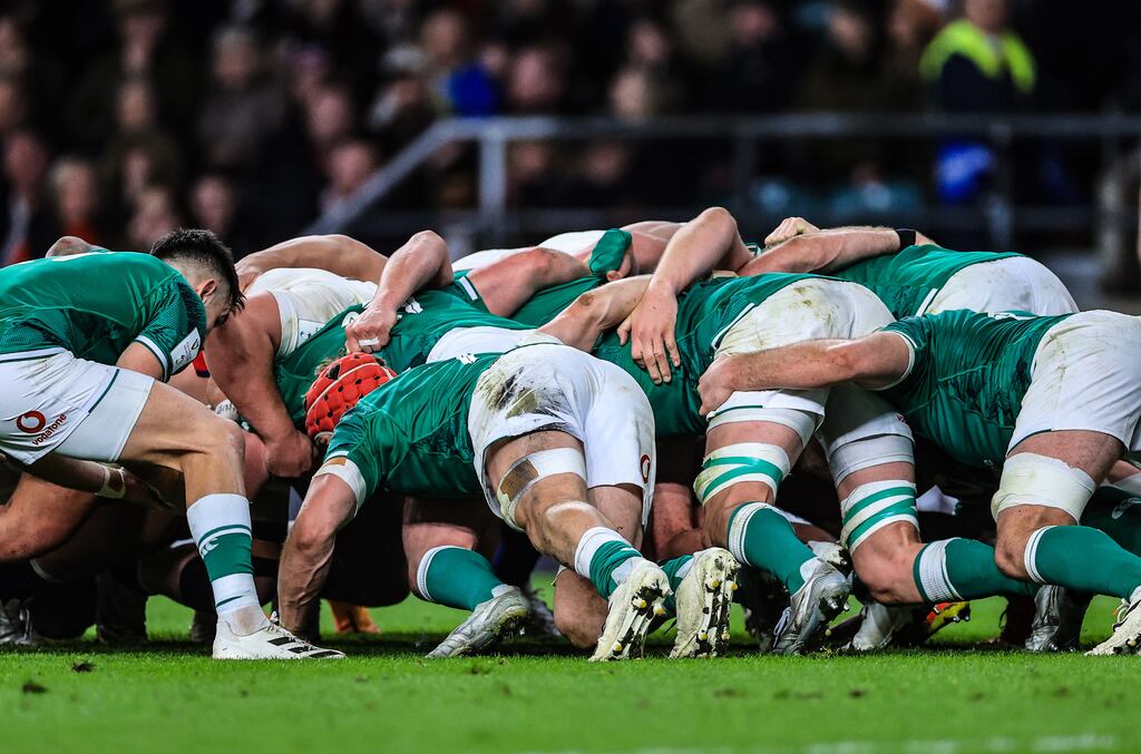 Ireland's scrum in action against England during the victory at Twickenham in 2022. Photograph: Billy Stickland/Inpho