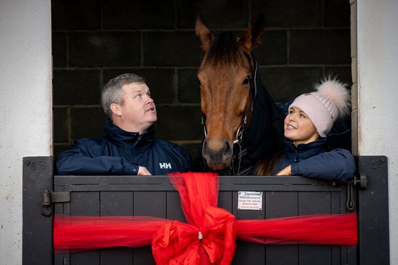 Trainer Gordon Elliott and groom Rachel Egan with Galvin ahead of the Leopardstown Christmas Festival which takes place from December 26th-December 29th. Photograph: Morgan Treacy/Inpho