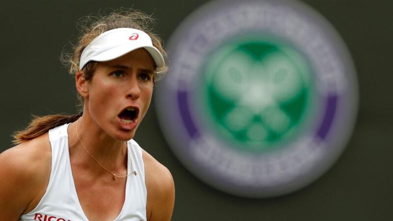 Britain’s Johanna Konta on her way to defeating Puerto Rico’s Monica Puig during their first round match on the third day of the Wimbledon Championships. Photograph: AFP