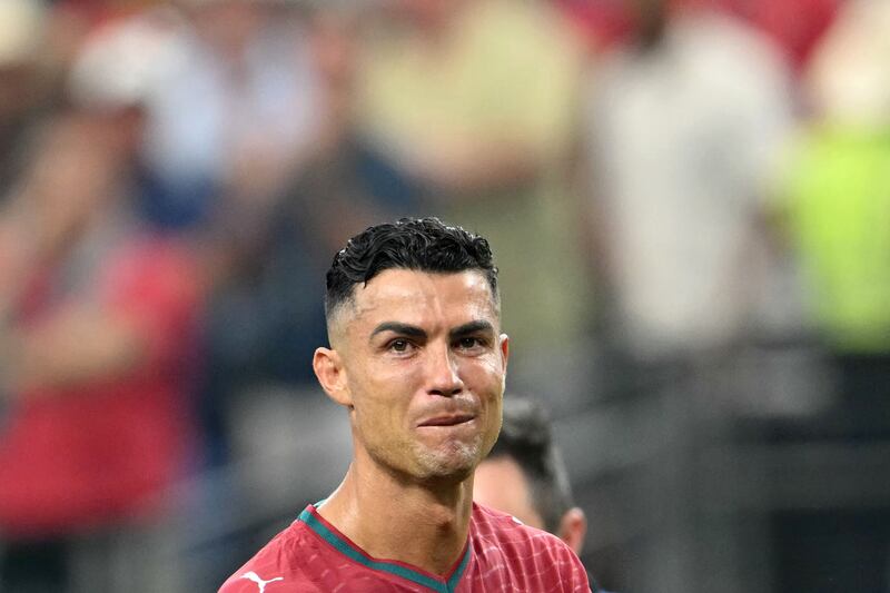 Cristiano Ronaldo reacts after Portugal's loss to Spain at the Dallas Stadium. Photograph: Ronaldo Schemidt/AFP via Getty Images