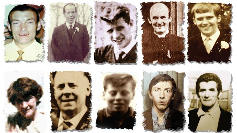 The 10 gunshot victims of the Ballymurphy massacre in west Belfast in 1971 (from top left): Joseph Corr, Danny Teggart, Eddie Doherty, Father Hugh Mullan, Frank Quinn, Paddy McCarthy, (left to right, bottom row) Joan Connolly, John McKerr, Noel Philips, John Laverty and Joseph Murphy. Photograph: Ballymurphy Massacre Committee/PA Wire