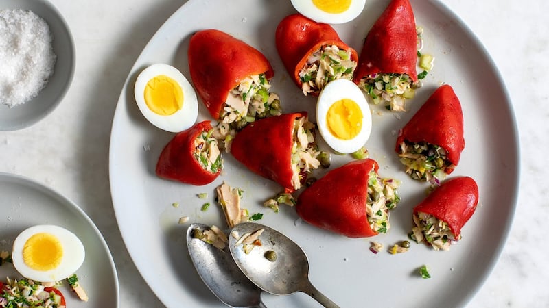 Tuna-stuffed piquillo peppers.