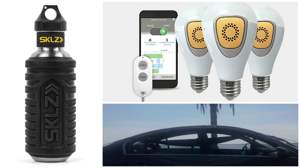 Clockwise from left: Sklz Hydro-Roller; BeOn Smart Bulbs; and Car Hammock