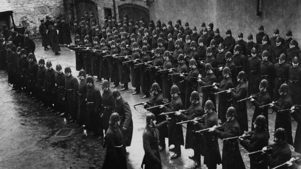 Men of the Royal Irish Constabulary under inspection in Derry city in 1913. The RIC existed across the whole of pre-partition Ireland, which makes it part of what some call ‘shared history’. Photograph: Hulton Archive/Getty