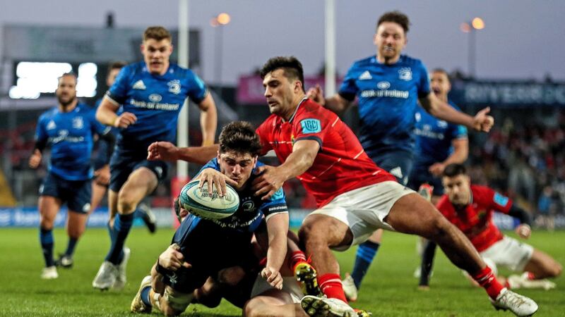 Leinster’s Jimmy O’Brien scores a try during the United Rugby Championship match against Munster at  Thomond Park. Photograph: Evan Treacy/Inpho