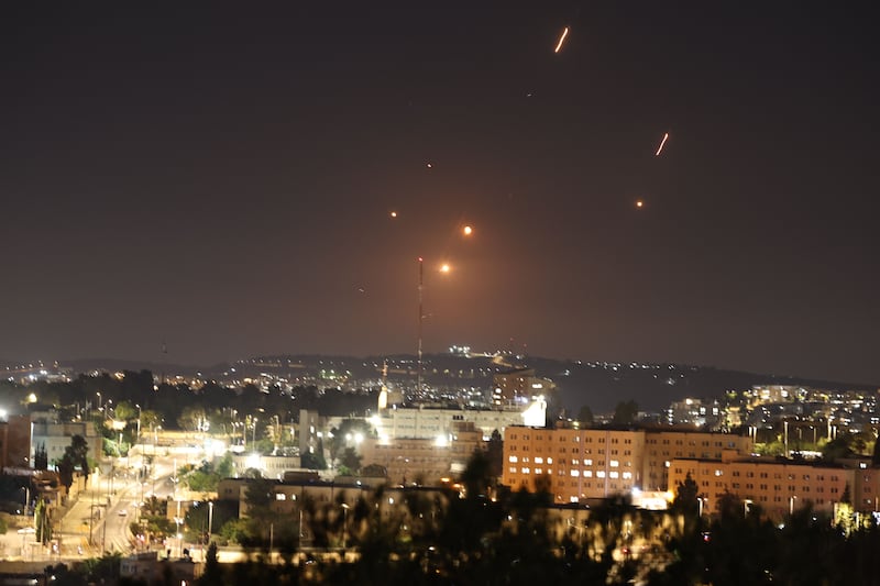 Missiles launched from Iran as seen over Jerusalem on Friday night. Photograph: Atef Safadi/EPA