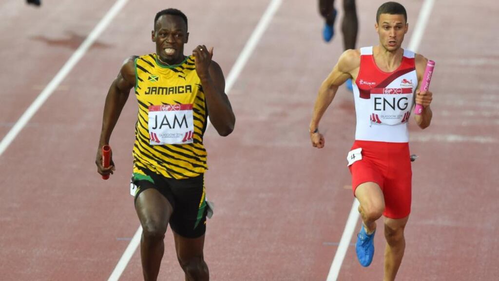 Jamaica’s sprint superstar anchors the men’s relay team to bring home gold at the 2014 Commonwealth Games in Hamden Park, Scotland . Photograph: Getty Images
