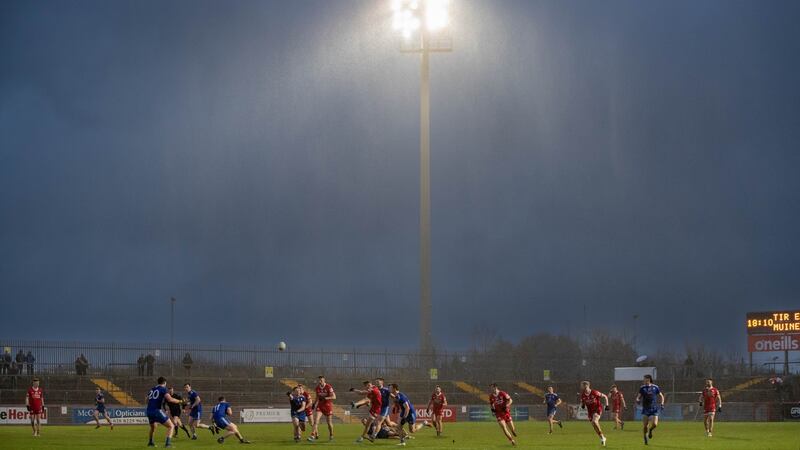 Tyrone and Monaghan play in tough conditions at Healy Park. Photograph: Morgan Treacy/Inpho