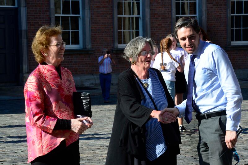 Former president Mary Robinson with Bride Rosney and Minister Simon Harris at a reception in Dublin Castle in 2018. Photograph: Cyril Byrne 