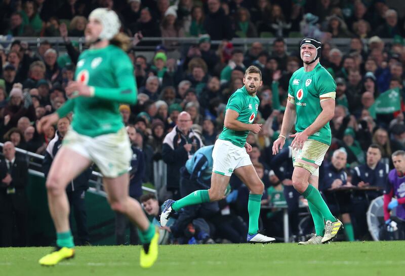 Ireland's Ross Byrne turns around after kicking the winning penalty in the Nations Series match between Ireland and Australia at the Aviva Stadium, Dublin on November 19th. Photograph: Bryan Keane/Inpho
