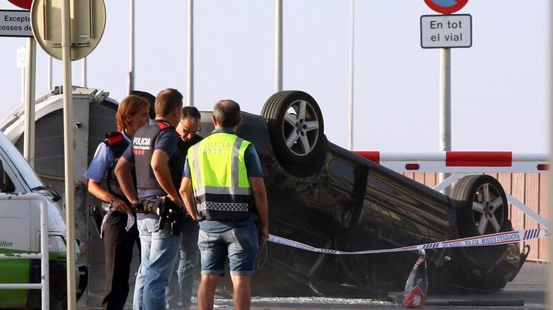 A car used by attackers in the coastal city of Cambrils, northeastern Spain, 18th August 2017. Photograph: Jaume Sellart/EPA