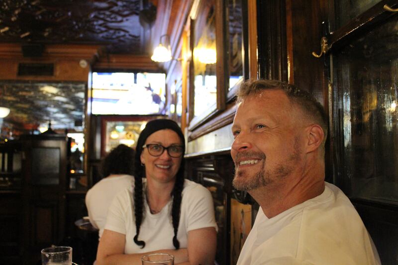 American tourists Eileen and Jim Wrubel watching Oireachtas TV in Doheny & Nesbitt pub in Dublin. Photograph: Hugh Dooley