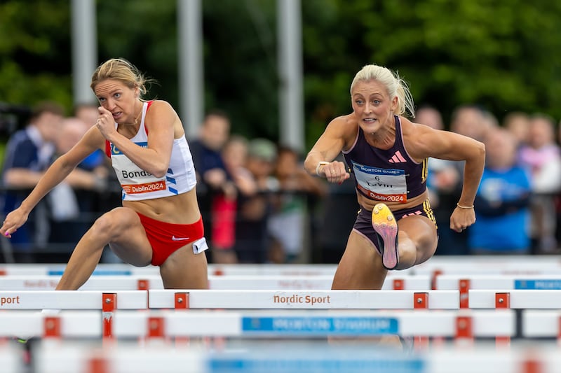 Ireland’s Sarah Lavin wins the 100m hurdles at the Morton Games in Santry, Dublin. Photograph: Morgan Treacy/Inpho
