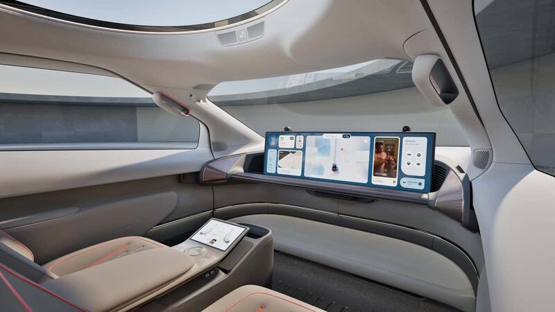 Inside the Verne there is no steering wheel or pedals, just two reclining seats and a 43-inch display screen