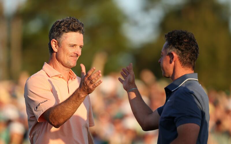 Justin Rose and Rory McIlroy shake hands after the first playoff hole during the final round of the 2025 Masters in Augusta, Georgia on April 13th. Photograph: Richard Heathcote/Getty Images